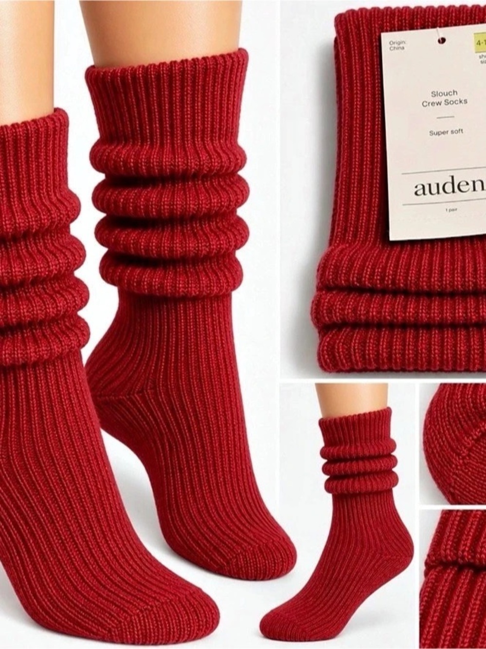 auden Slouch Crew Socks Ribbed Crew Socks Red M (8-10) NWT